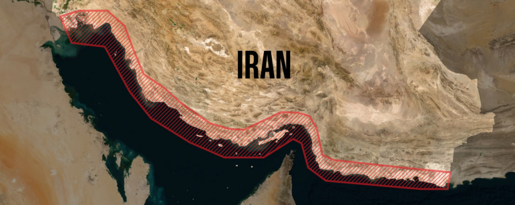 Carte diffusée par le CENTCOM montrant une zone tampon autour du détroit d'Ormuz et comprenant les côtes iraniennes.